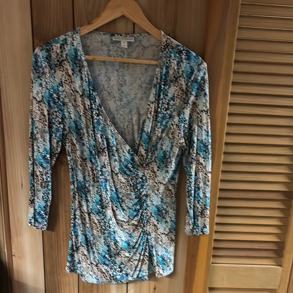 Dana Buchman Teal and Beige Patterned Blouse